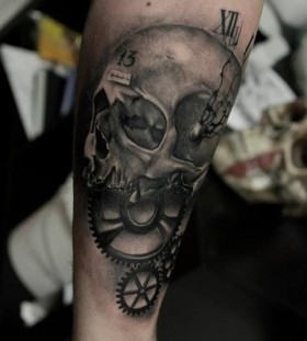 Skull mechanism tattoo by Razvan Popescu