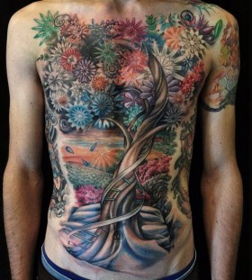 Stunning tree and flowers tattoo by David Allen