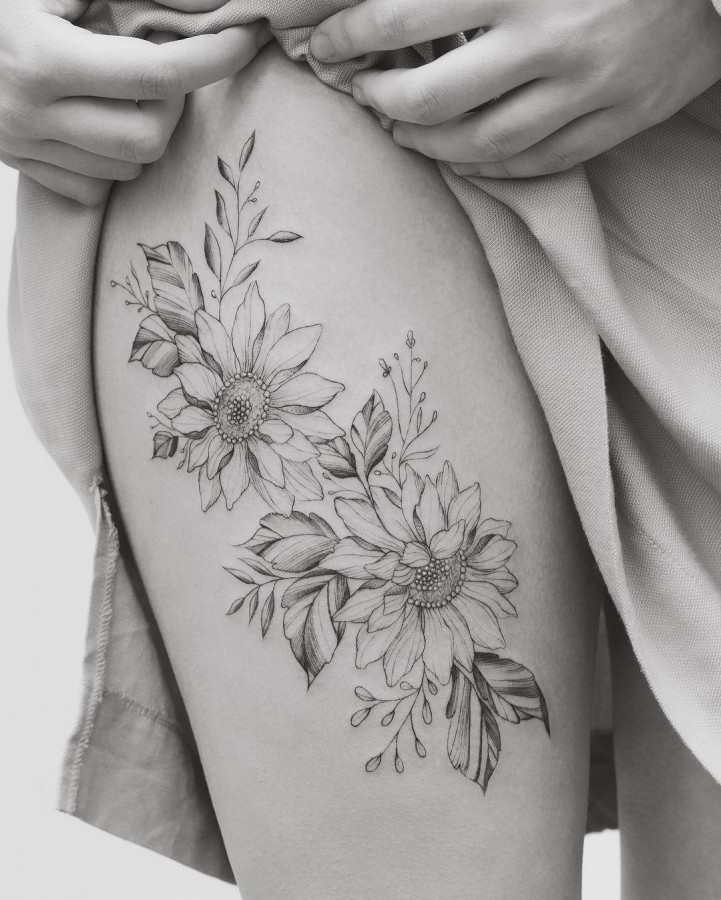 sunflowers leg tattoo by tritoan_seventhday