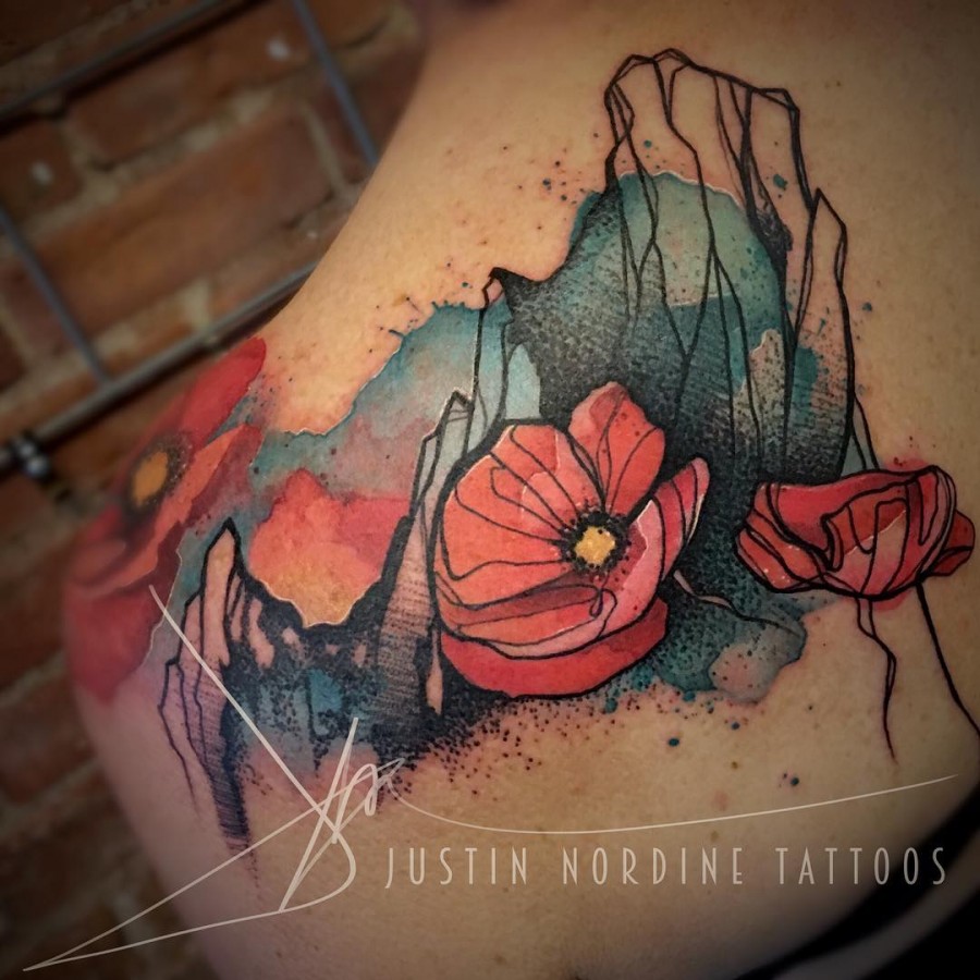 watercolor poppy tattoo by justin nordine