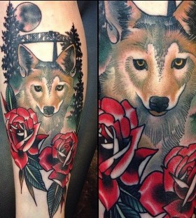 Wolf and flowers tattoo by Amanda Leadman