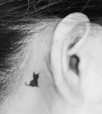 Cute Black Cat Behind The Ear Tattoo