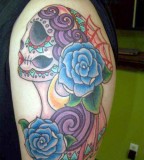 Mexican Sugar Skull Maiden with Blue Roses Tattoo Ink Art