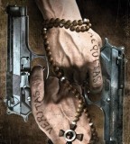 Hands Holding Pistols, Bearing Veritas & Aequitas And Wrapped Into A Beaded Rosary Cross
