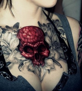 chest red skull tattoos for women
