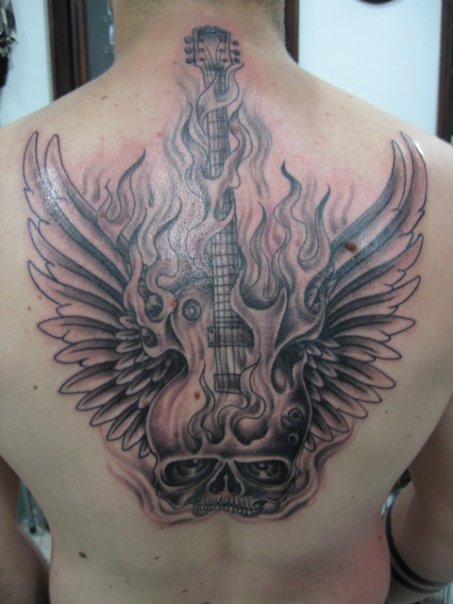 Cool Guitar With Wings of Fire Tattoo Design