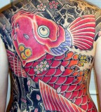 Big Pink Colored Koi Coy Fish Shaped Tattoo on Back 