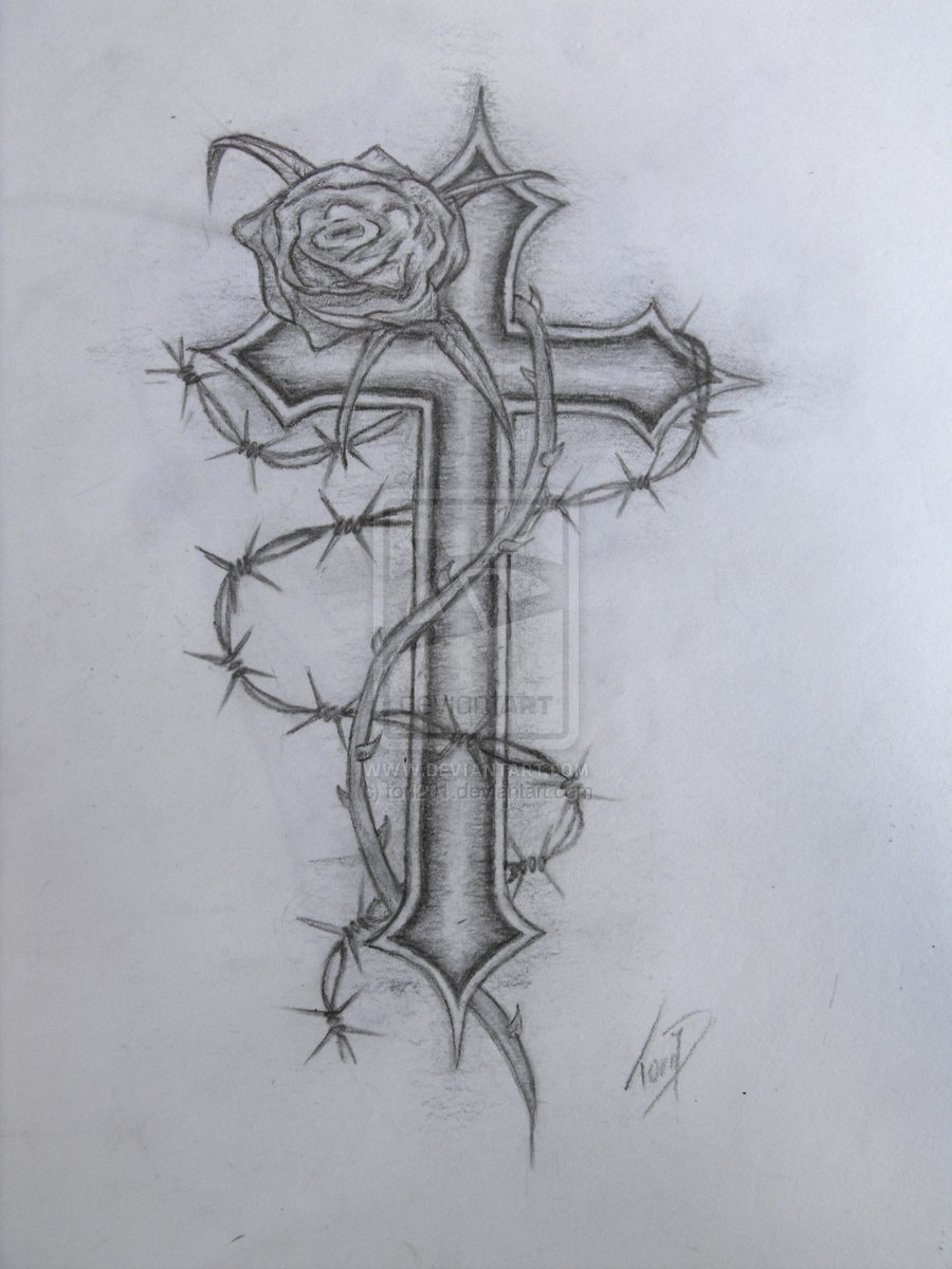Cross With Rose Wraped Tattoo Design Images