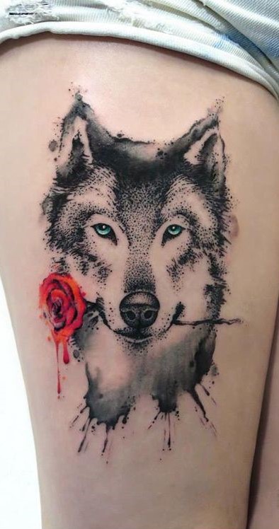 dotwork-wolf-and-red-rose-tattoos