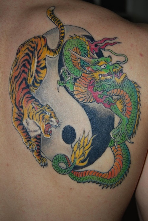 Colorful Dragon And Tiger Tattoo Picture