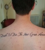Cool Harry Potter Movie Quote Saying 'Death Is But The Next Great Adventure' Tattoo on Upper Back