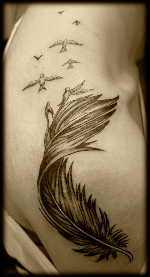 Cool Custom Black And Grey Feather Turning Into Birds Shoulder Tattoo