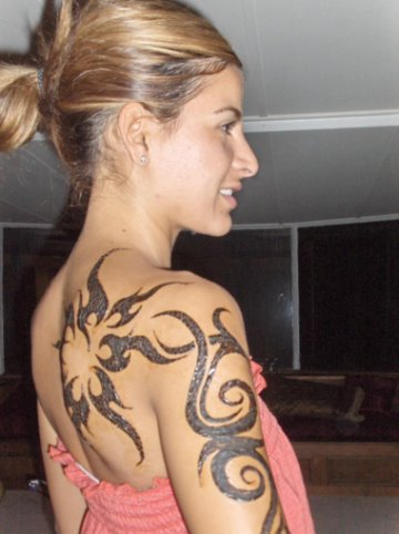 Feminine Tribal Swirls Half-Sleeve to Upper-back Tattoos Designs for Women
