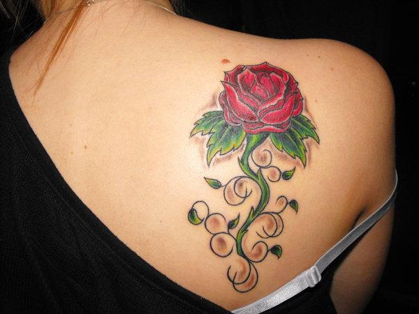 Beautiful Feminine Red Rose Upper-back Tattoo Designs for Women