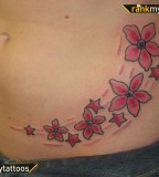 Red Stars And Flowers Tattoo On Hip