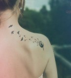 Black Picturesque Bird Dandelion Shoulder Back Tattoo For Girls