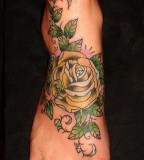 Cool Rose and Tree Tattoos Design On Foot For Men