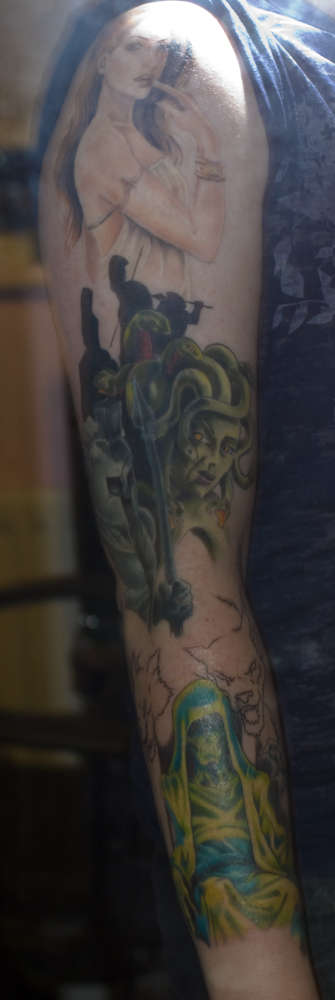 Nice Greek Mythology Sleeve Tattoo Design Image