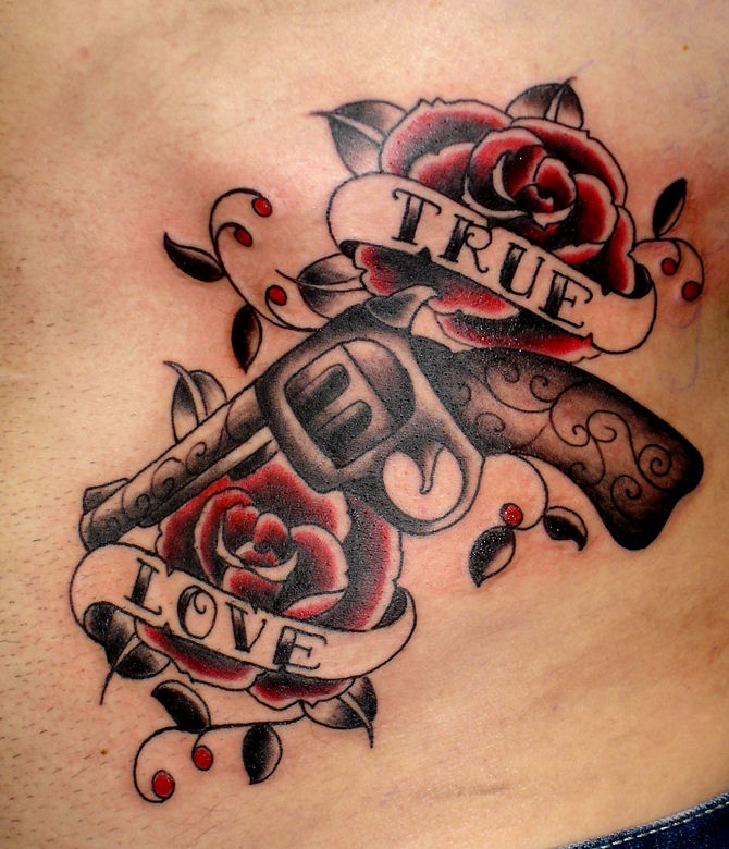Lettering Tattoo with Guns and Roses