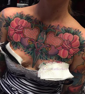 heart flower and dagger tattoos for women