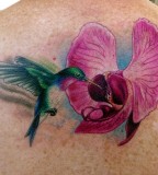 Green Hummingbird  With Pink Flower Tattoos