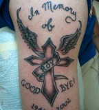Cross And Wings In Loving Memory Tattoo Design on Arm