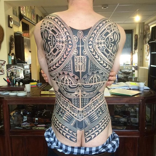 intricate full back tribal tattoo
