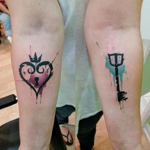 lock and key watercolor couple tattoo