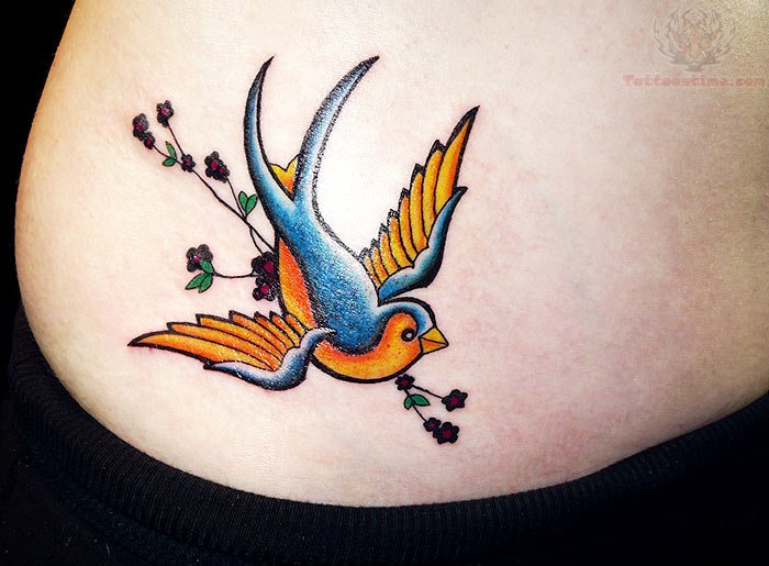 Colorful Swallow Hip Tattoo For Girls