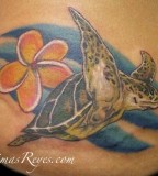 Realistic Turtle With Plumeria Tattoo Design