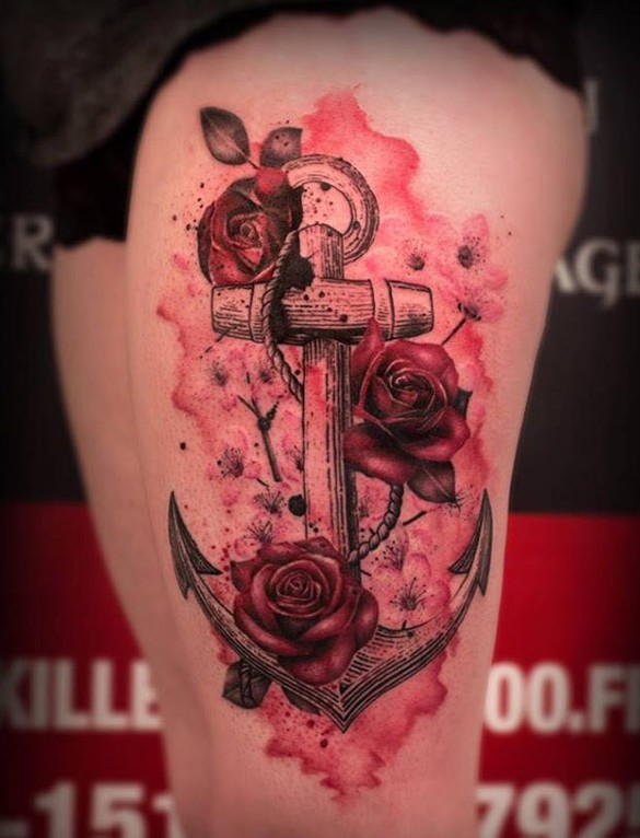 red tose and anchor flower tattoo