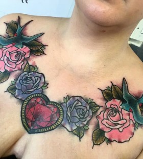 rose and heart chest tattoos for women