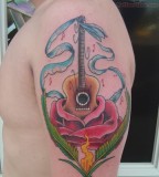 Guitar and Roses Flowers Tattoo Design On Shoulder for Men - Flower Tattoos