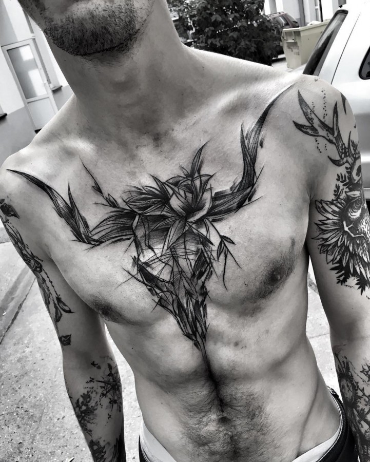 skull-and-rose-chest-tatto-by-ineepine