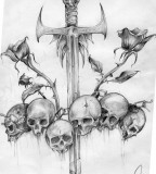 Meaningful Sword, Skulls, and Roses Drawing, Cool for Tattoo Design