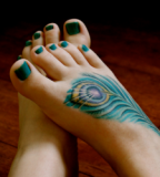 Sexy Foot With Green Feather Peacock Tattoo