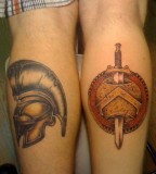 Legs Spartan Helmet Tattoos Side By Side