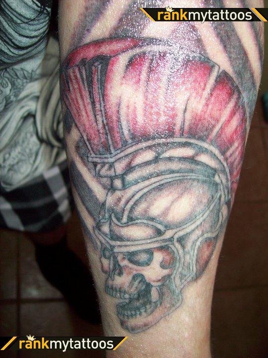 Skull With Spartan Helmet Arm Tattoo