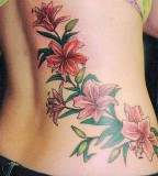 Pink Lilies Tattoo On Side Body Of Girl