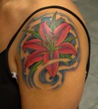 Red Lily Tattoo On Shoulder For Girl