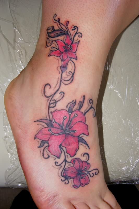 Cute Pink Stargazer Lily Tattoo Design on Foot for Girls