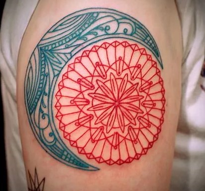 sun and moon red mandala tattoo