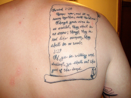 Scroll Of Bible Verse Tattoo Design on Back