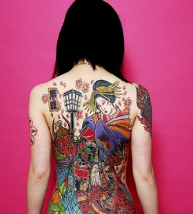 Full Body Colorful Geisha Tattoo Ideas 