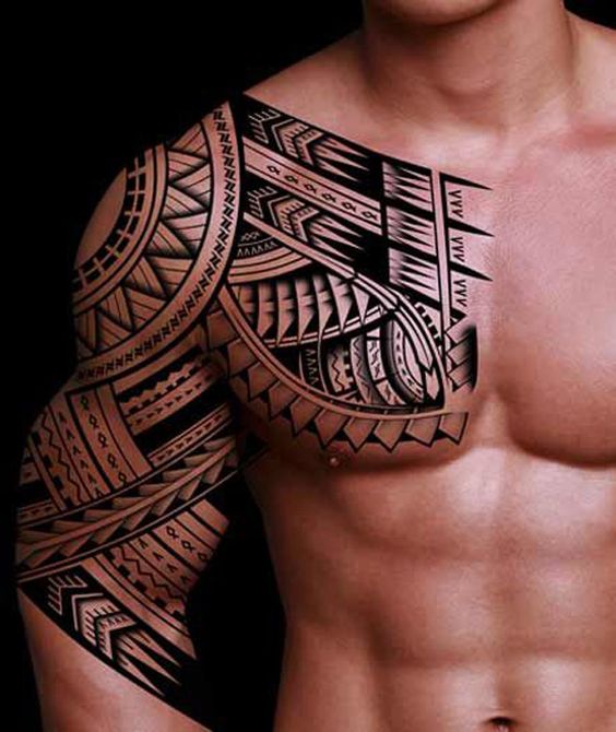 tribal chest and arm tattoos for men
