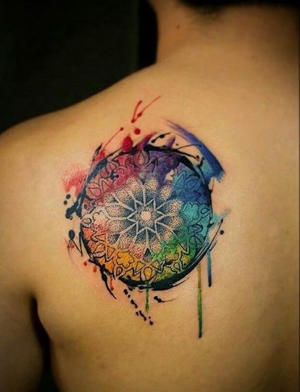 watercolor and dotwork mandala tattoo