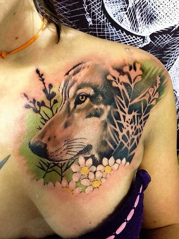 wolf-and-flower-tattoo