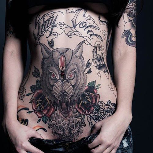 wolf on tummy tattoos for women