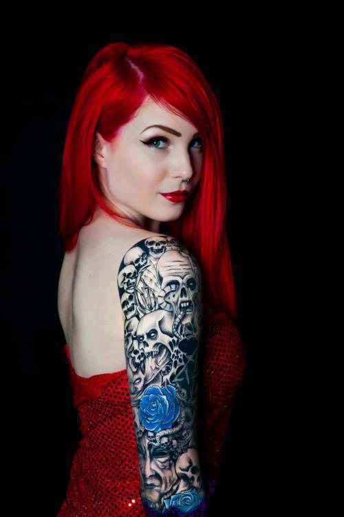 red hair girl tattoo skulls and blue roses