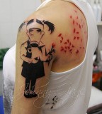 banksy graffiti tattoo girl with gas mask picking flowers